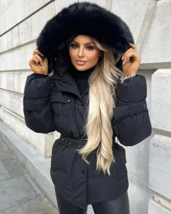 Kelsey Padded Faux Fur Hooded Coat - Black