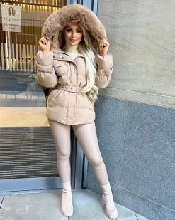 Kelsey Padded Faux Fur Hooded Coat - Camel