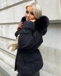 Kelsey Padded Faux Fur Hooded Coat - Black