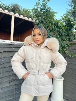Kelsey Padded Faux Fur Hooded Coat - Beige