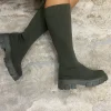 Kim Fabric Knee High Sock Boots - Khaki