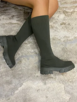 Kim Fabric Knee High Sock Boots - Khaki
