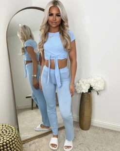 Laura Tie Front Cropped Loungewear Set - Baby Blue