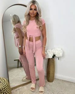 Laura Tie Front Cropped Loungewear Set - Pink