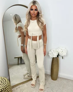 Laura Tie Front Cropped Loungewear Set - Beige