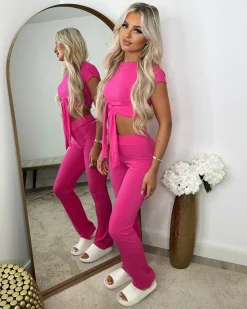 Laura Tie Front Cropped Loungewear Set - Fuschia