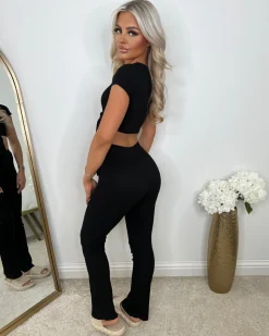 Laura Tie Front Cropped Loungewear Set - Black