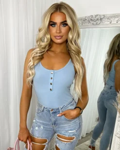 Leilani Gold Button Bodysuit - Blue