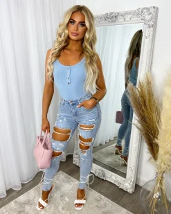 Leilani Gold Button Bodysuit - Blue