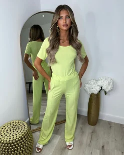 Libby Ribbed Bodysuit & Wide Leg Trousers - Lime Green