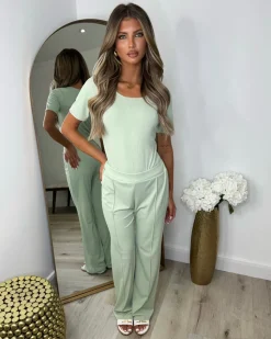 Libby Ribbed Bodysuit & Wide Leg Trousers - Mint