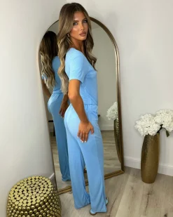 Libby Ribbed Bodysuit & Wide Leg Trousers - Sky Blue