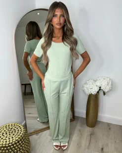 Libby Ribbed Bodysuit & Wide Leg Trousers - Mint