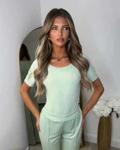 Libby Ribbed Bodysuit & Wide Leg Trousers - Mint