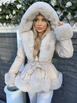 Lillie Belted Fur Hooded Coat - Cream