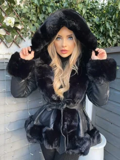 Lillie Belted Fur Hooded Coat - Black