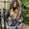 Lillie Belted Fur Hooded Coat - Black/Grey