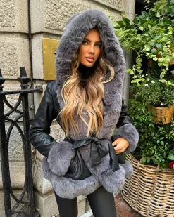 Lillie Belted Fur Hooded Coat - Black/Grey