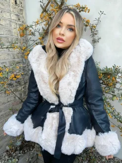 Lillie Belted Fur Hooded Coat - Black/Cream