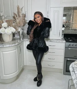 Lillie Belted Fur Hooded Coat - Black