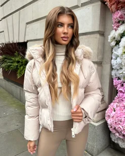 Lucinda Short Padded Faux Fur Trim Coat- Beige