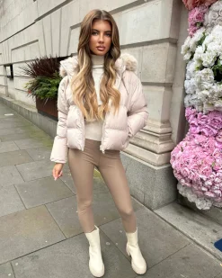 Lucinda Short Padded Faux Fur Trim Coat- Beige