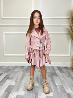 Lucy PU Belted Leather Look Biker Jacket - Pink
