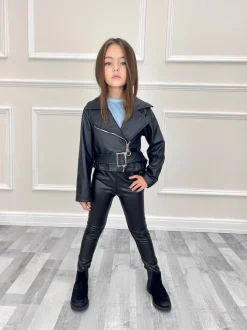 Lucy PU Belted Leather Look Biker Jacket - Black
