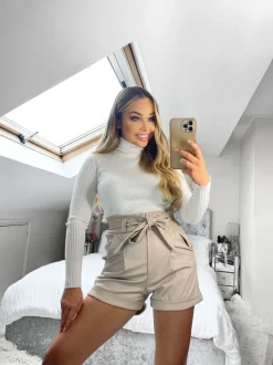 Mae Faux Leather Belted Shorts - Beige