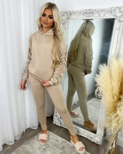 Martina Ruched Sleeve Hoodie & Pants Set - Beige