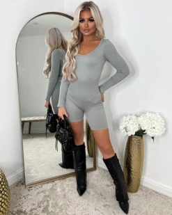 Maya Ribbed Unitard Playsuit - Grey