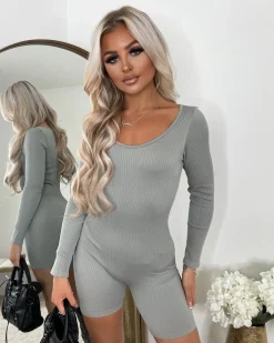 Maya Ribbed Unitard Playsuit - Grey