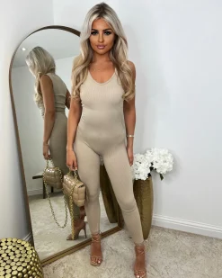 Megan Sleeveless Unitard Jumpsuit - Beige