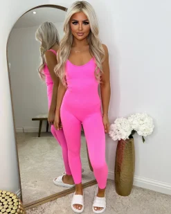 Pearl Spaghetti Strap Jumpsuit - Neon Pink