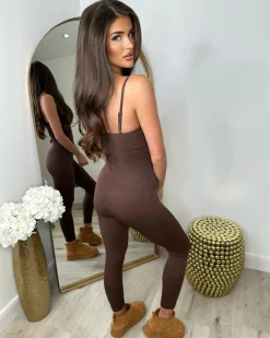 Pearl Spaghetti Strap Jumpsuit - Chocolate