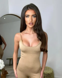Pearl Spaghetti Strap Jumpsuit- Camel