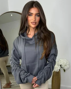 Penny Ruched Sleeve Hoodie - Slate Grey