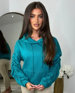 Penny Ruched Sleeve Hoodie - Teal