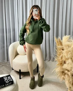 Penny Ruched Sleeve Hoodie - Olive Khaki