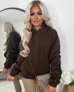 Penny Ruched Sleeve Hoodie - Chocolate