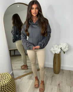 Penny Ruched Sleeve Hoodie - Slate Grey
