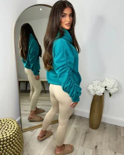 Penny Ruched Sleeve Hoodie - Teal