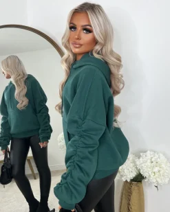 Penny Ruched Sleeve Hoodie - Bottle Green