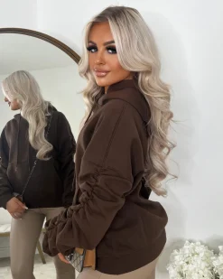 Penny Ruched Sleeve Hoodie - Chocolate
