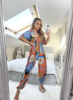 Petra Scarf Print Jumpsuit - Orange