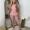 Piper Gold Button Short Sleeve Ribbed Loungeset - Baby Pink