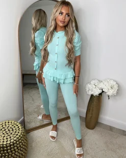 Piper Gold Button Short Sleeve Ribbed Loungeset - Mint