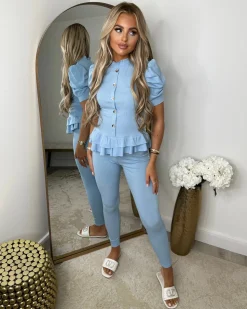 Piper Gold Button Short Sleeve Ribbed Loungeset - Sky Blue