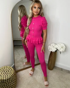 Piper Gold Button Short Sleeve Ribbed Loungeset - Fuchsia