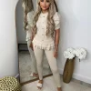 Piper Gold Button Short Sleeve Ribbed Loungeset - Beige